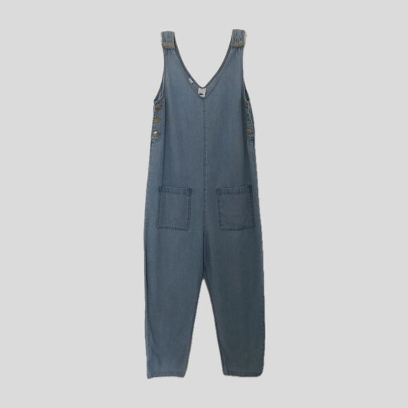 Quiksilver Chambray Blue Denim Sleeveless Relaxed Casual V Neck Jumpsuit M - Picture 1 of 5